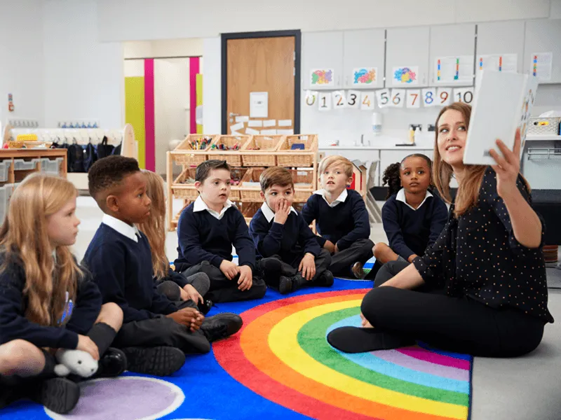 Teachers supplement for the Connecting with kai lesson series. Image depicting teacher reading a book to a group of young schoolchildren sitting on a colorful rainbow-patterned carpet in a classroom. The children, dressed in navy blue school uniforms, are