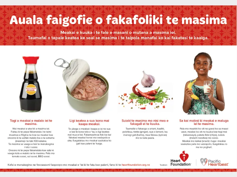 Cover image for the heart health resource - easy ways to reduce salt, Tuvaluan version.
