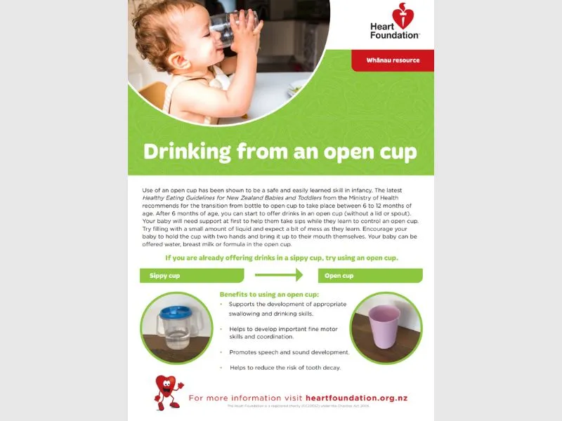 An educator's resource highlighting the benefits to children as young as 6 months drinking from an open cup, rather than a sippy cup or bottle.