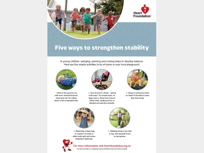 Heart Foundation poster titled ‘Five ways to strengthen stability’ showing young children running together at a playground above five circular photos that illustrate activities for kids: rolling on the ground, turning in circles, hanging or swinging f