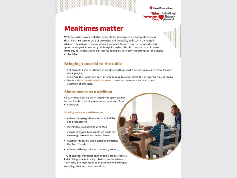 'Mealtimes matter' promoting the importance of shared whānau meals. The flyer explains how mealtimes help tamariki learn social and self-help skills, and strengthen family bonds. It includes tips for bringing tamariki to the table and sharing meals, suc