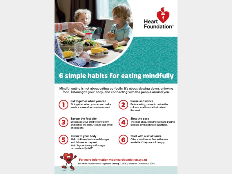 Mindful family mealtimes: six simple habits to help families slow down, enjoy food and recognise hunger and fullness cues.