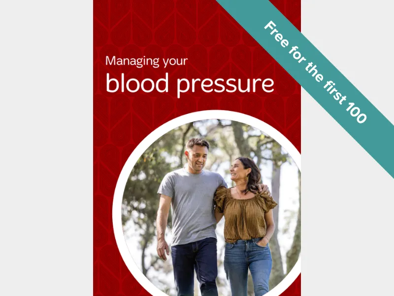 Managing your blood pressure ebook cover showing a couple walking outdoors with text ‘Free for the first 100’ promoting a heart health and hypertension guide.