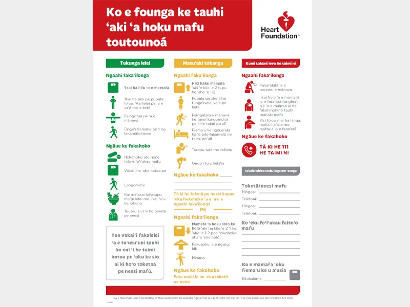 Cover image for the heart failure action plan, tongan version.
