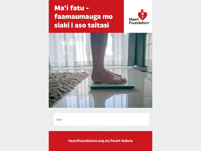 Cover image of the Heart failure Daily checks record booklet featuring a female standing on some scales, Samoan version.