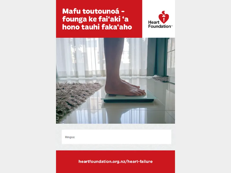Cover image of the Heart failure Daily checks record booklet featuring a female standing on some scales, Tongan version.