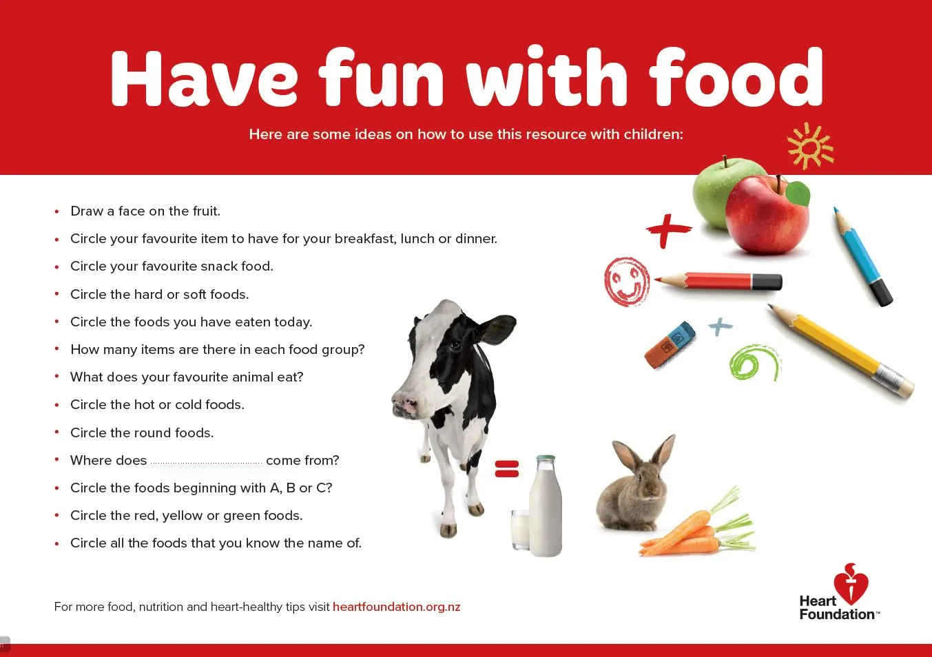 The poster lists playful activities for children to engage with food, such as drawing faces on fruit, circling favourite foods, and identifying colours, textures, and food origins. The design includes images of a cow, a rabbit with carrots, an apple, colo