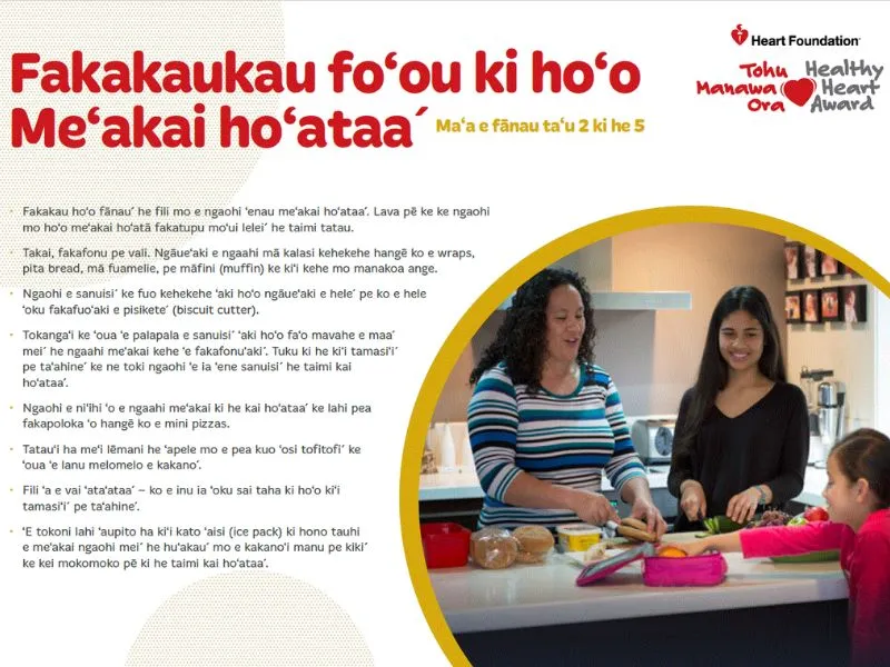 Provides tips for preparing healthier lunches. The image shows a woman and two children preparing food in a kitchen with bread, fruit, and vegetables.