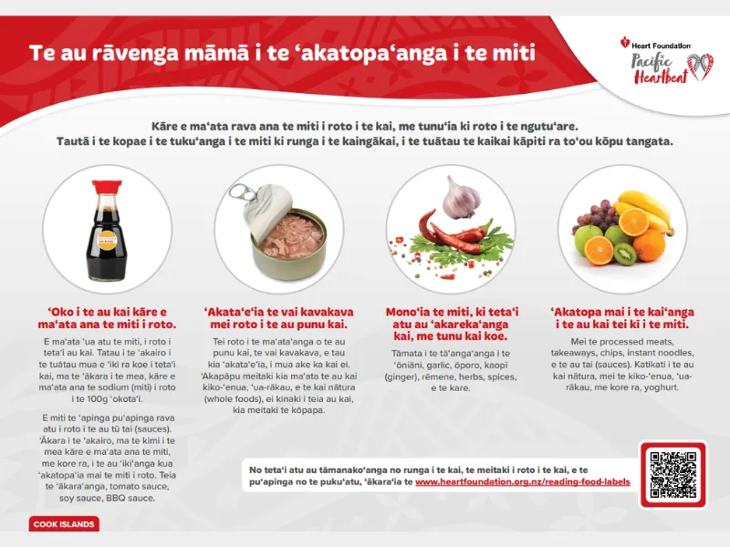 Heart Foundation “Easy ways to reduce salt” poster showing tips such as choosing lower salt packaged foods, draining brine from canned foods, using herbs and spices instead of salt, and eating more fruit and vegetables.