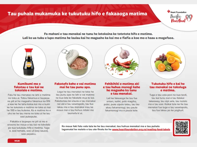 Heart Foundation “Easy ways to reduce salt” poster showing tips such as choosing lower salt packaged foods, draining brine from canned foods, using herbs and spices instead of salt, and eating more fruit and vegetables.