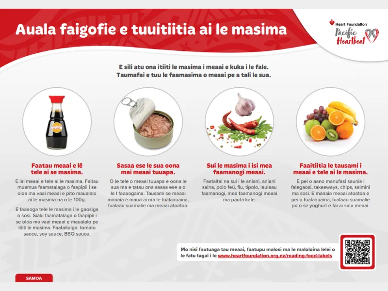 Heart Foundation “Easy ways to reduce salt” poster showing tips such as choosing lower salt packaged foods, draining brine from canned foods, using herbs and spices instead of salt, and eating more fruit and vegetables.