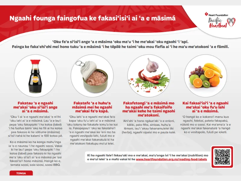 Heart Foundation “Easy ways to reduce salt” poster showing tips such as choosing lower salt packaged foods, draining brine from canned foods, using herbs and spices instead of salt, and eating more fruit and vegetables.