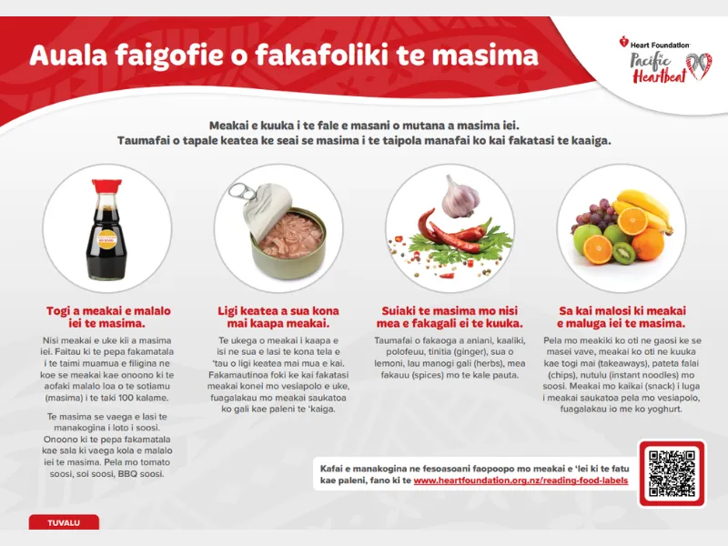 Heart Foundation “Easy ways to reduce salt” poster showing tips such as choosing lower salt packaged foods, draining brine from canned foods, using herbs and spices instead of salt, and eating more fruit and vegetables.