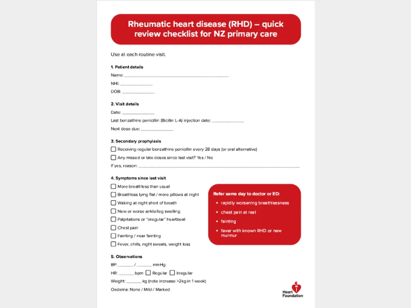 Rheumatic heart disease (RHD) quick review checklist for New Zealand primary care showing Heart Foundation quick review checklist.