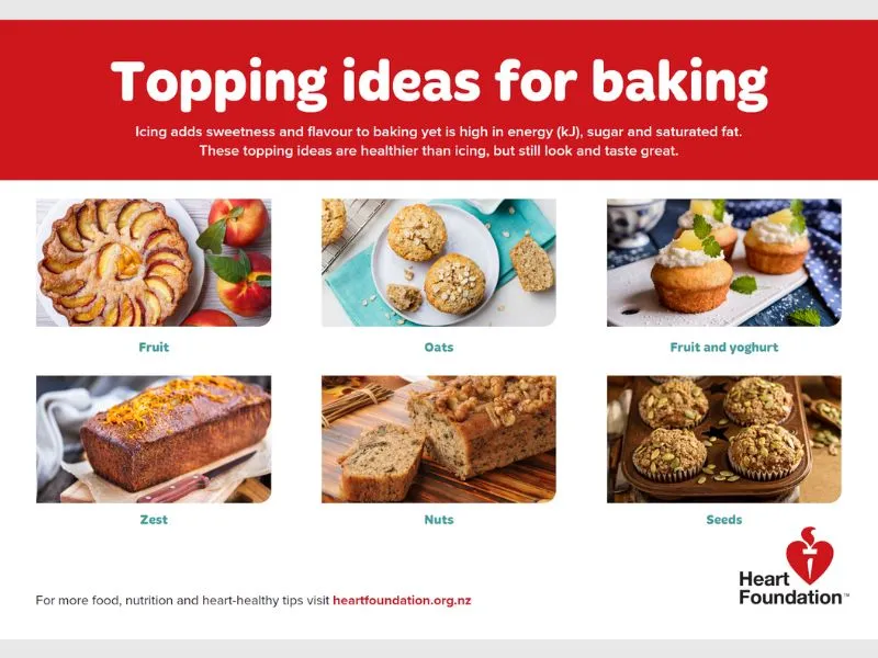 An info graph that presents information about heart healthy toppings that can be used while baking.